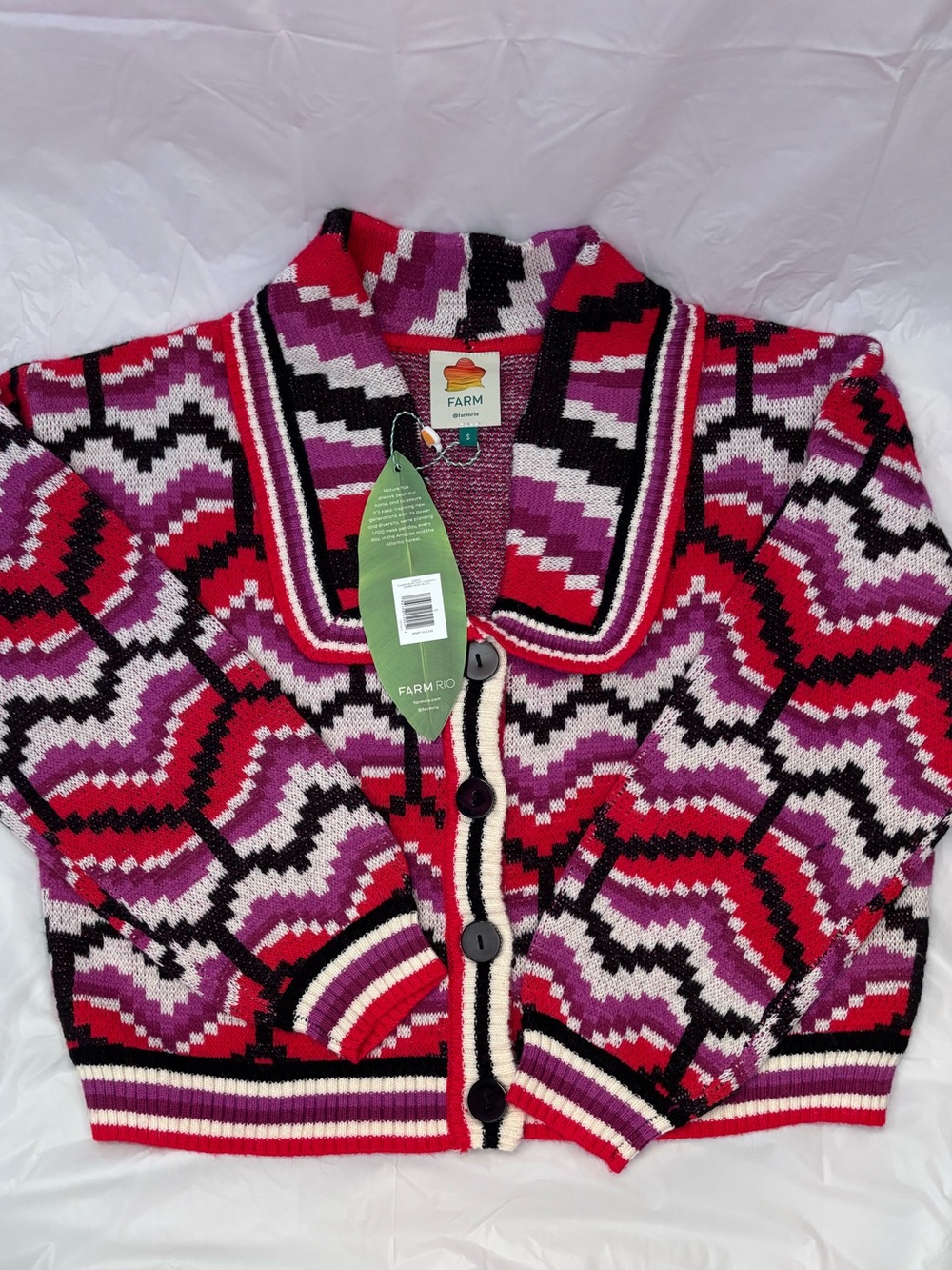 FARM Rio Multicolor Ombré Heart Knit Cardigan Sweater, Size S